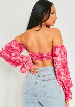 Colleen Pink Puff Sleeve Bardot Crop Top^Missy Empire Hot