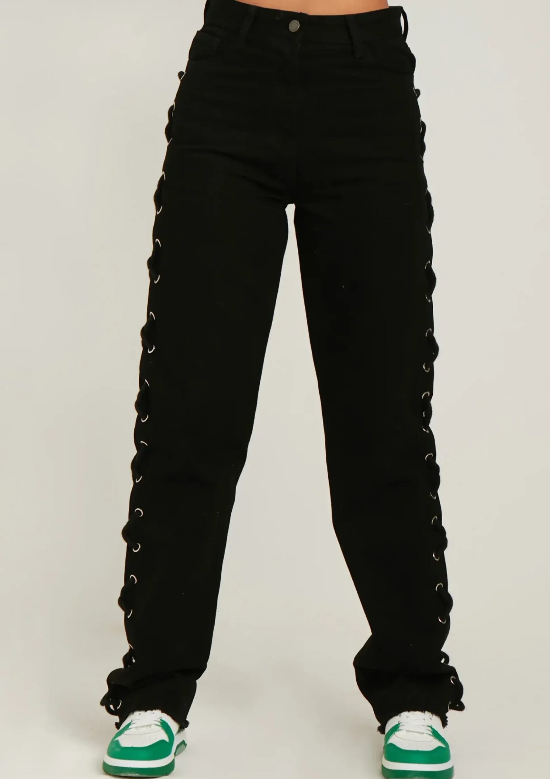 Connie Black Lace Up Side Mom Jeans^Missy Empire Flash Sale