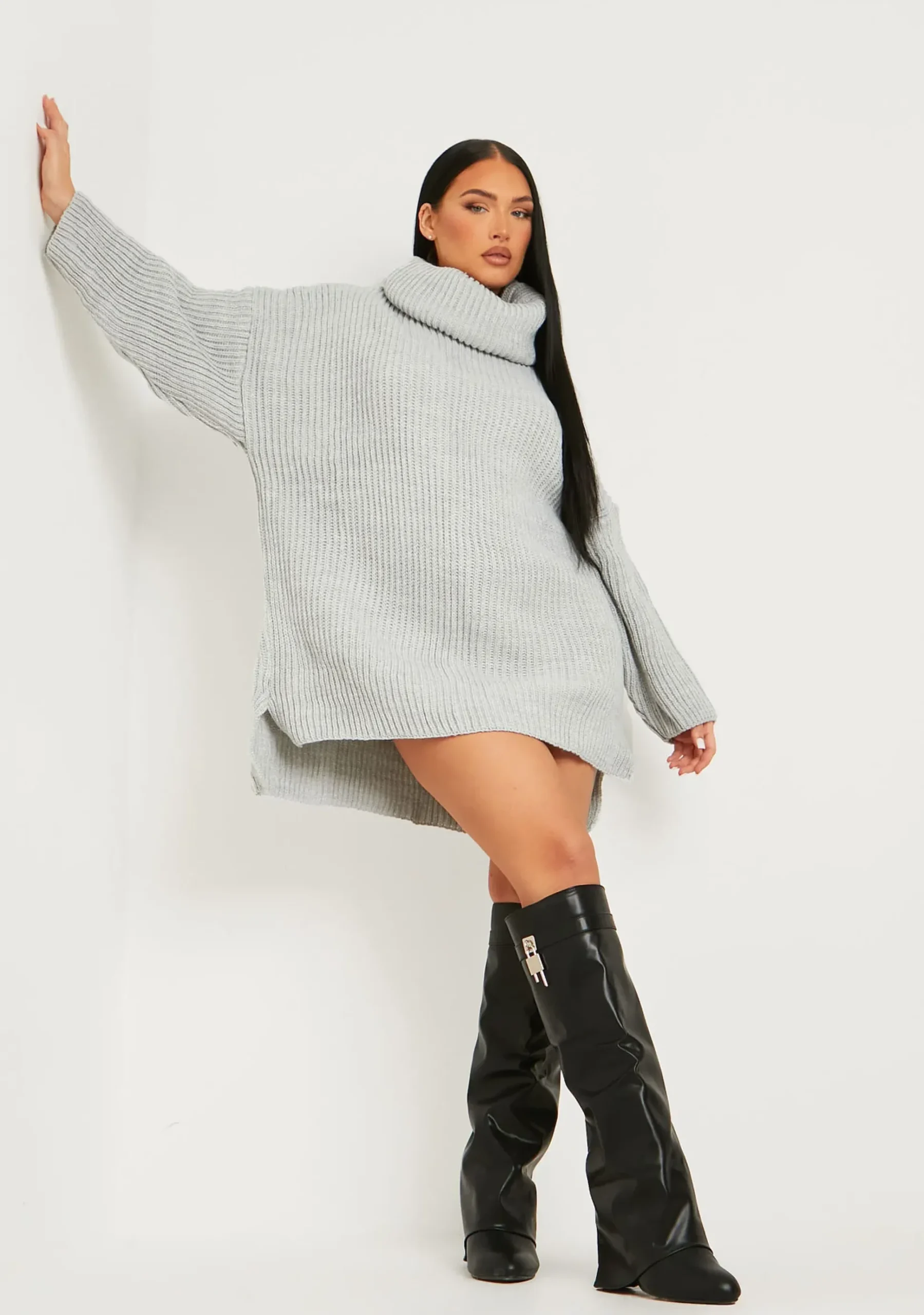 Online Courtney Light Grey Roll Neck Knitted Dip Hem Jumper Dress Women Dresses