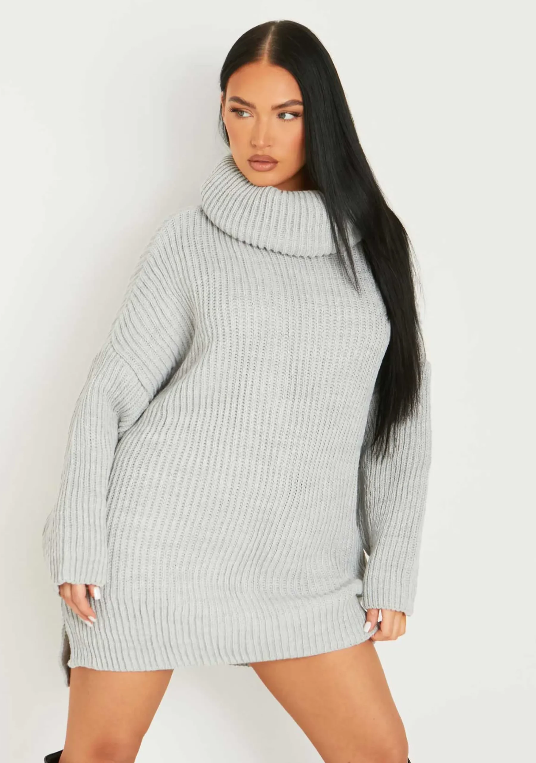 Online Courtney Light Grey Roll Neck Knitted Dip Hem Jumper Dress Women Dresses