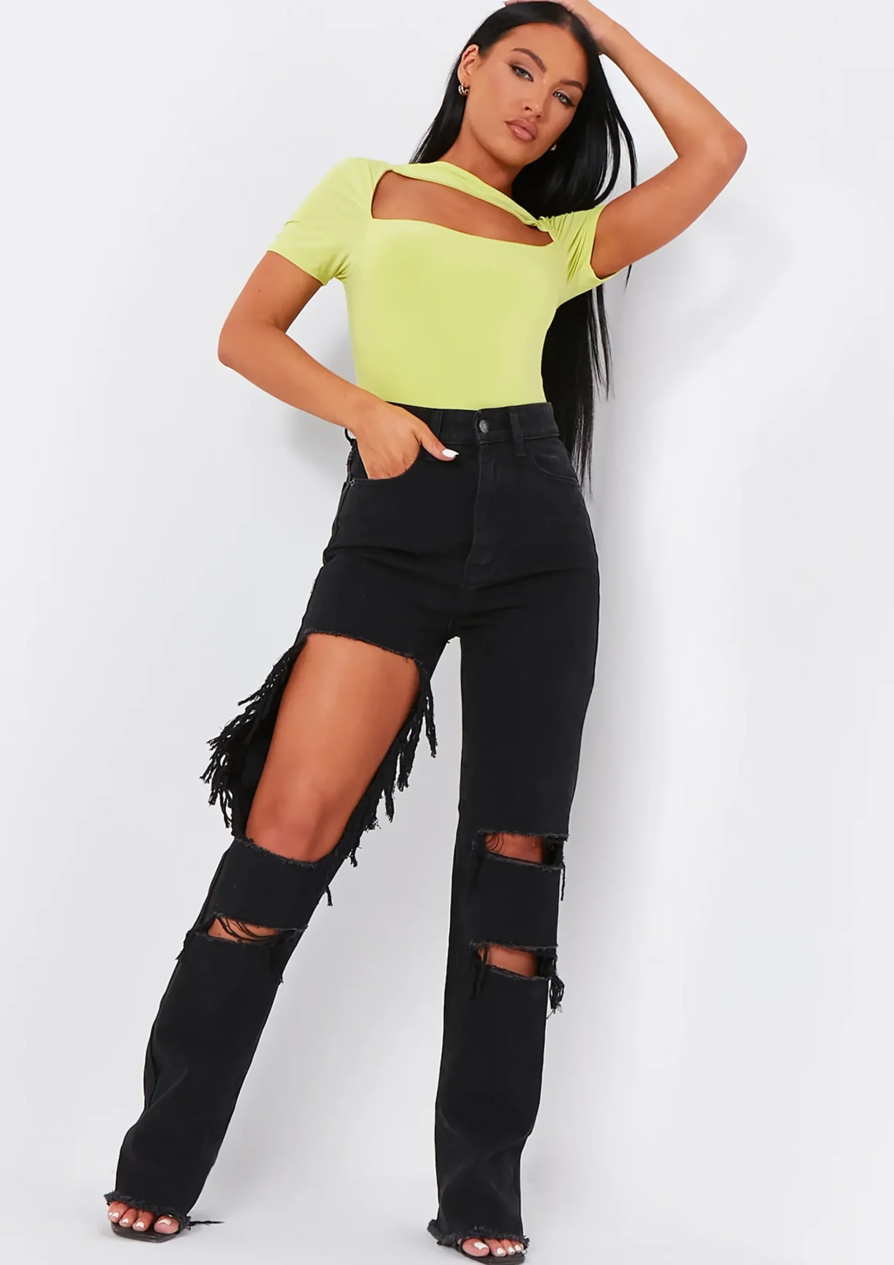 Cyntoia Black Wash High Waisted Cut Out Ripped Denim Jeans^Missy Empire Shop