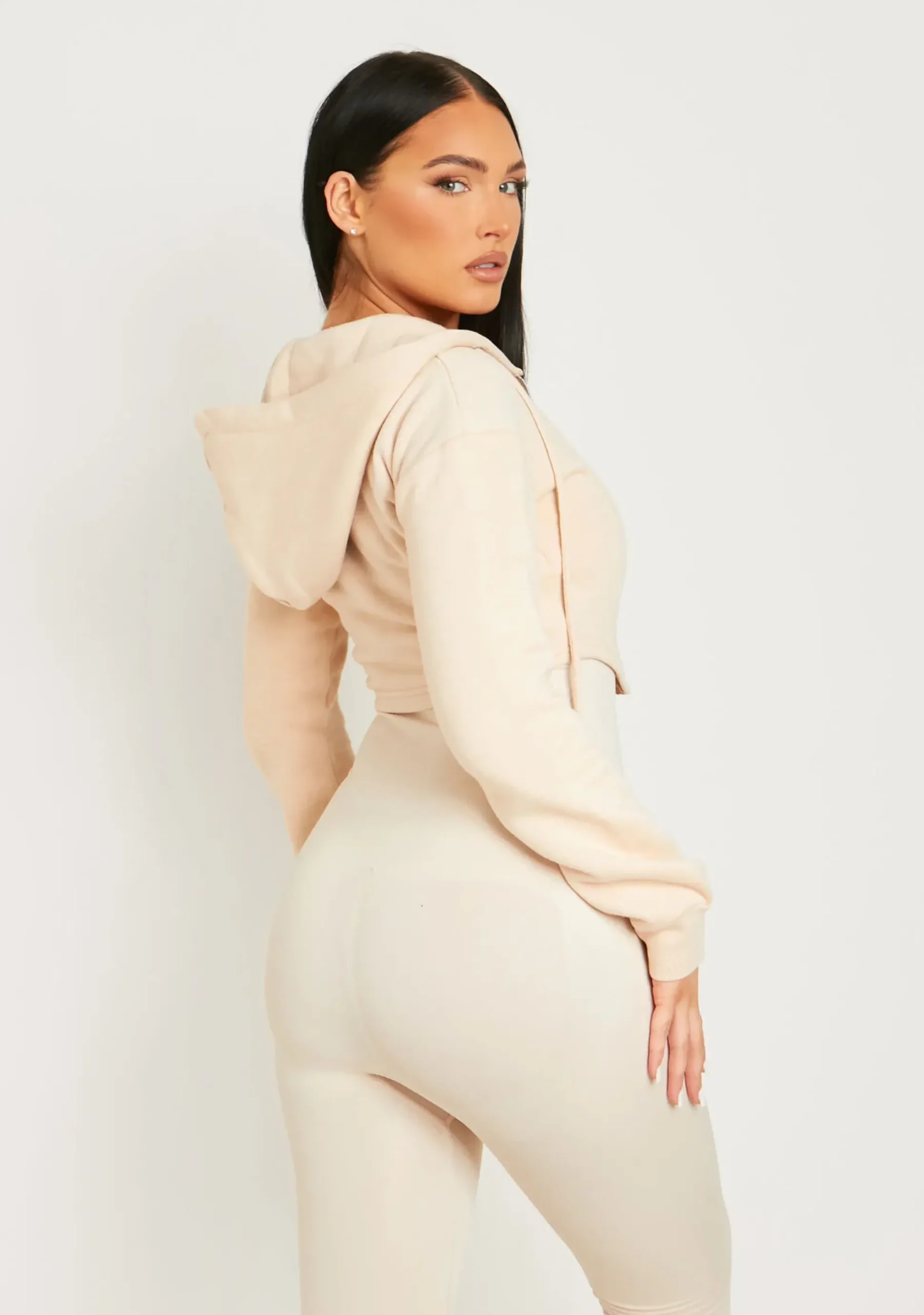 Daniella Beige Dip Hem Zip Up Cropped Hoodie^Missy Empire Clearance