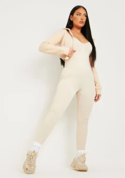 Daniella Beige Dip Hem Zip Up Cropped Hoodie^Missy Empire Clearance