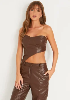Daniella Brown Faux Leather Asymmetric Corset^Missy Empire Best Sale