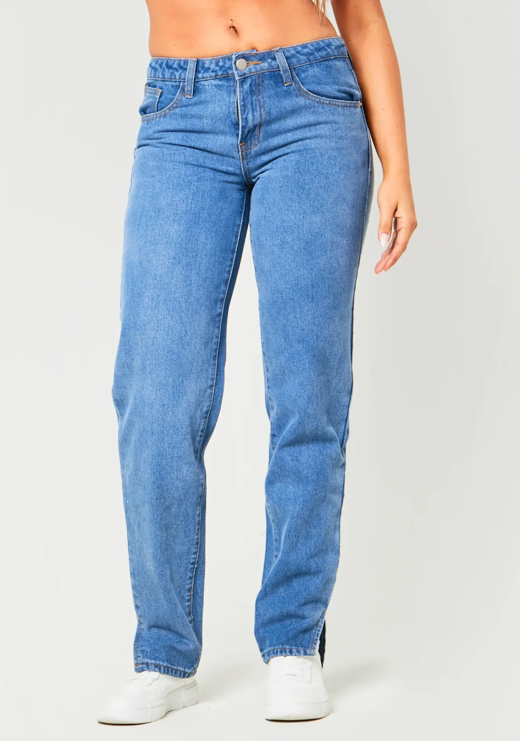 Daniella Mid Wash Blue Denim Low Rise Split Hem Jean^Missy Empire Sale