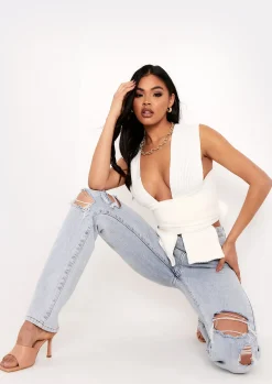 Daphne Cream Knitted Wrap Crop Top^Missy Empire Best Sale