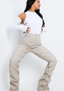 Outlet Darelle Beige High Waisted Ruched Pu Trousers Women Trousers