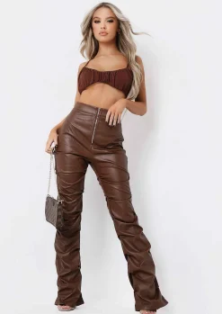 Outlet Darelle Chocolate High Waisted Ruched Pu Trousers Women Trousers