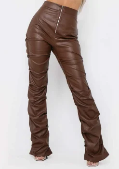 Outlet Darelle Chocolate High Waisted Ruched Pu Trousers Women Trousers