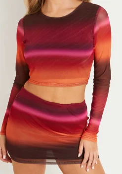 Dayana Pink Red Multi Gradient Printed Mesh Long Sleeve Top^Missy Empire Cheap
