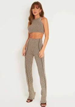 New Demi Brown Contrast Knit Trousers Women Trousers