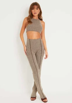 New Demi Brown Contrast Knit Trousers Women Trousers