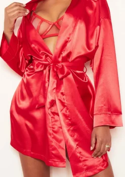 Sale Demi Red Satin Tie Waist Robe Women Nightwear