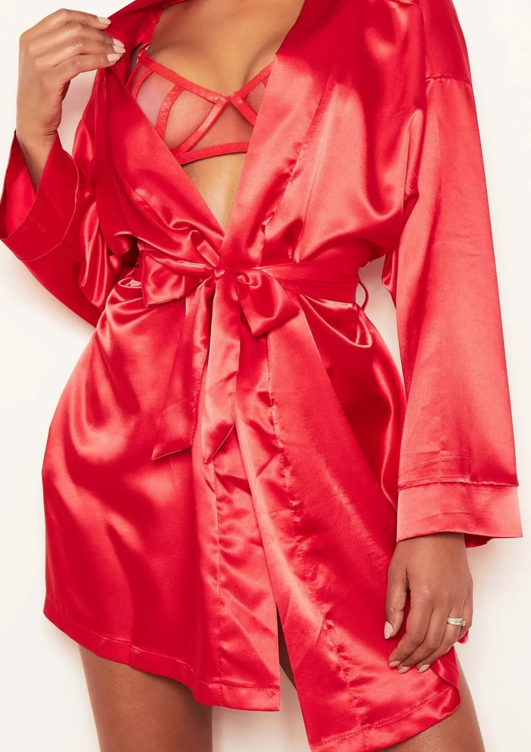 Sale Demi Red Satin Tie Waist Robe Women Nightwear