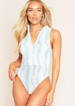 Devon Blue Tie Dye Zip High Neck Bodysuit^Missy Empire Cheap