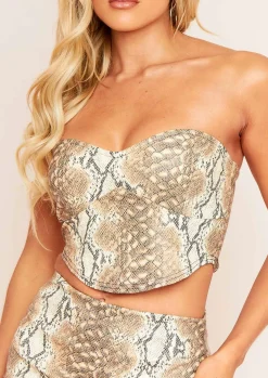 Dianah Beige Vegan Leather Snake Print Cupped Crop Top Bralet Corset^Missy Empire Flash Sale