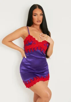 Outlet Dionne Purple Lace Detail Satin Dress With Slit Women Dresses
