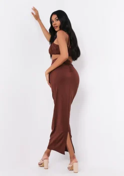 Dulcie Chocolate High Waisted Co-Ord Maxi Skirt^Missy Empire Online