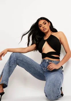Edith Black Chain Halterneck Wrap Crop Top^Missy Empire Cheap