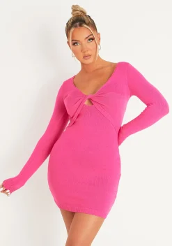 Best Sale Elaina Pink Long Sleeve Twist Front Knitted Long Sleeve Mini Dress Women Dresses