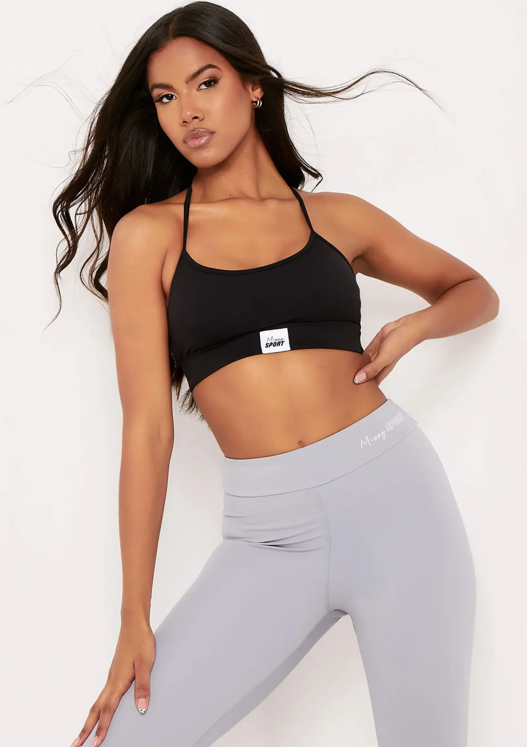 Hot Elena Black Missy Sport Tab Logo Thick Strappy Gym Crop Top Women Activewear