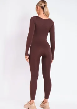 Fashion Eli Chocolate Plunge Ribbed Seamless Long Sleeve Jumpsuit Women Seamless & Shapewear