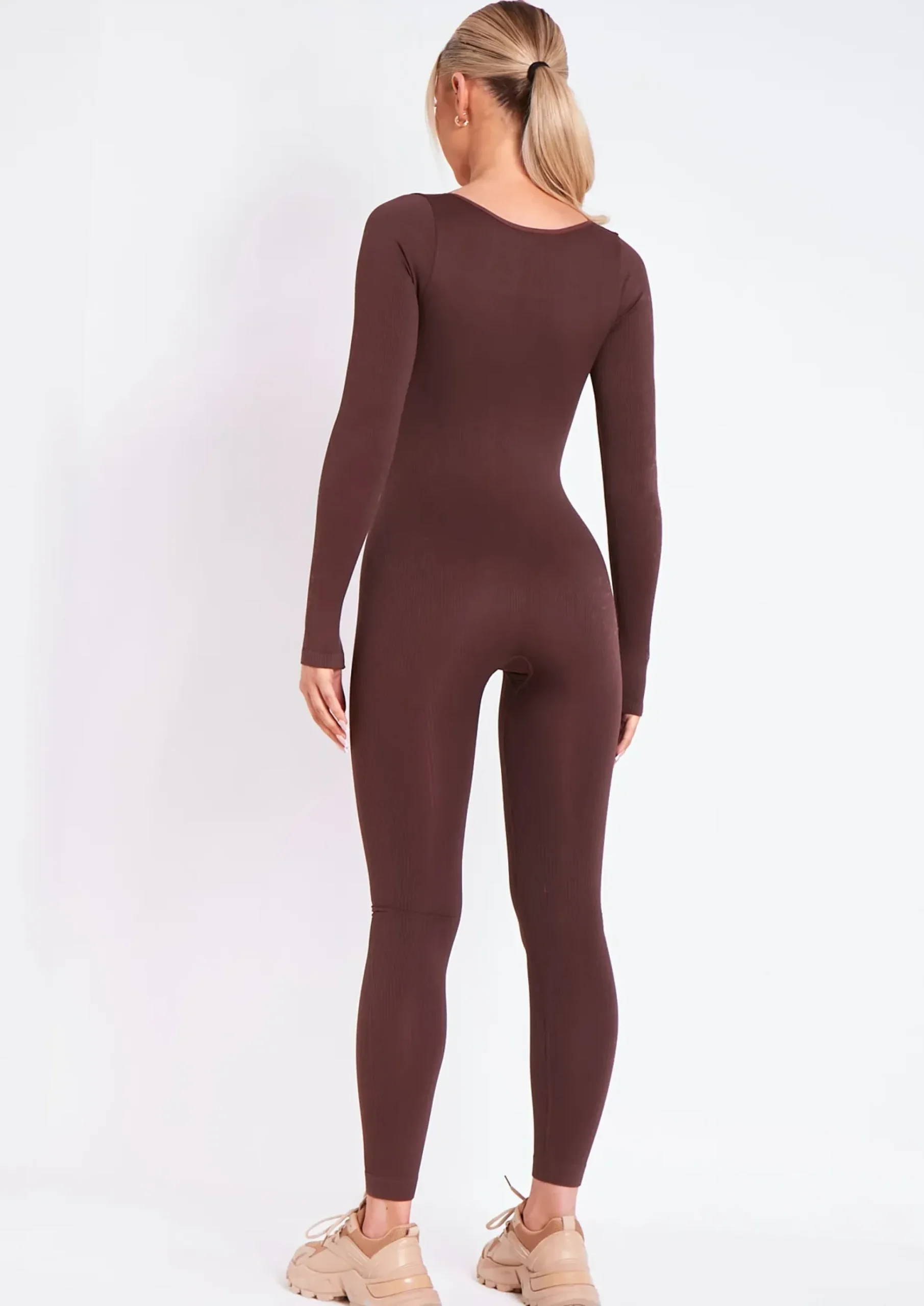 Fashion Eli Chocolate Plunge Ribbed Seamless Long Sleeve Jumpsuit Women Seamless & Shapewear