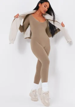 Fashion Eli Olive Plunge Ribbed Seamless Long Sleeve Jumpsuit Women Seamless & Shapewear