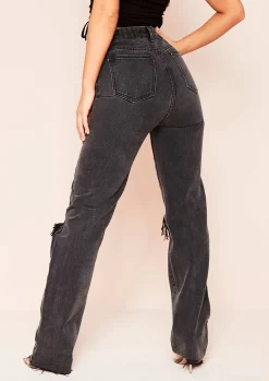 Elif Black Denim Ripped Knee Distressed Hem Straight Leg Jeans^Missy Empire Sale