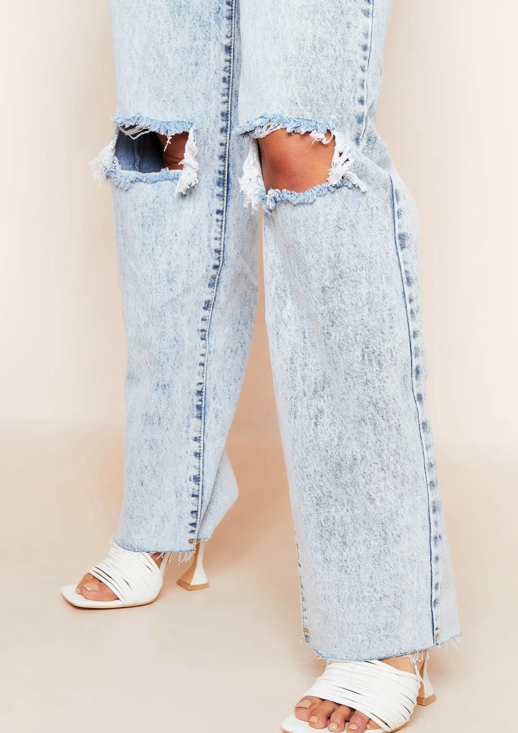 Elif Denim Acid Wash Ripped Knee Distressed Hem Straight Leg Jeans^Missy Empire Online