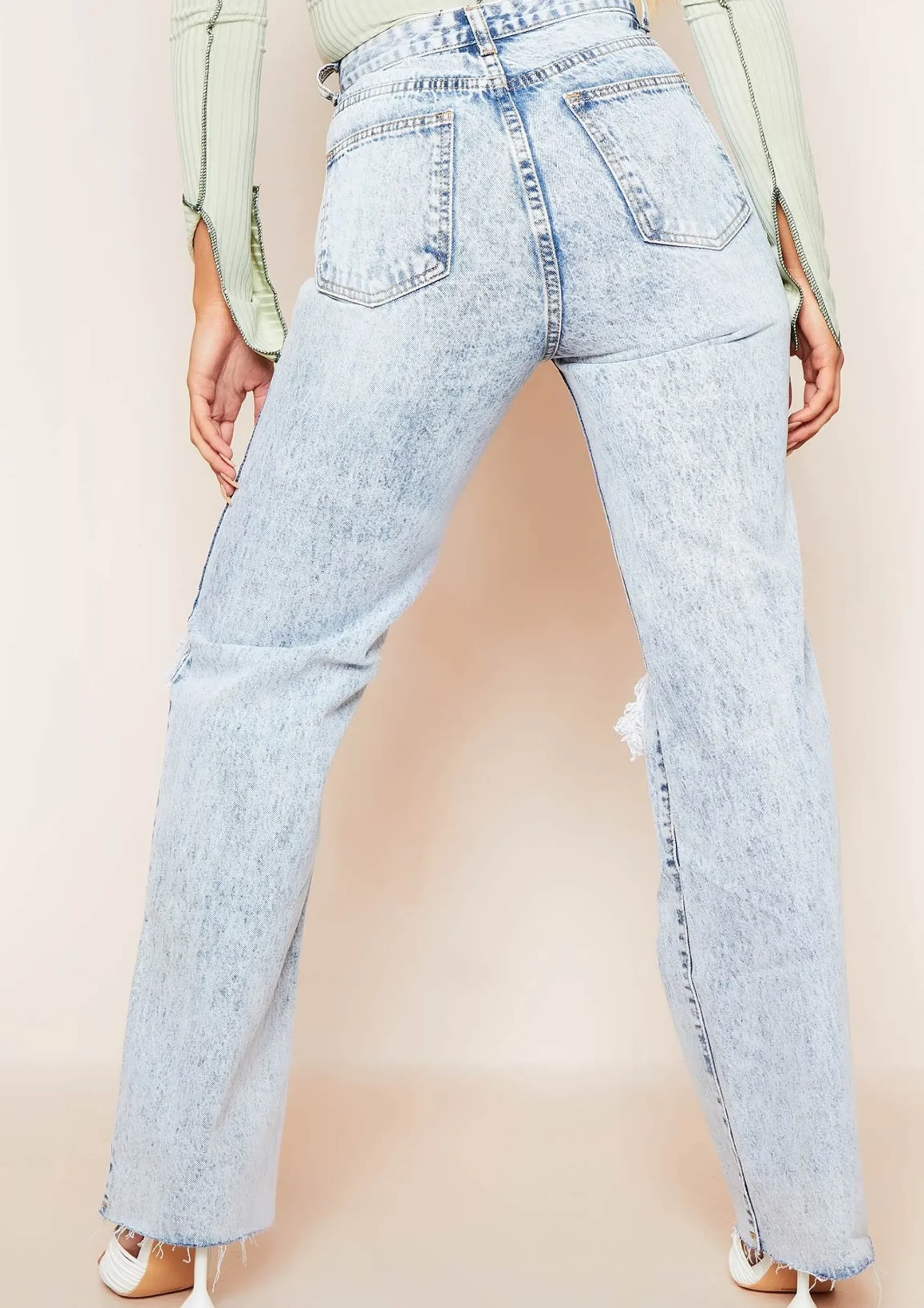 Elif Denim Acid Wash Ripped Knee Distressed Hem Straight Leg Jeans^Missy Empire Online