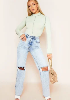 Elif Denim Acid Wash Ripped Knee Distressed Hem Straight Leg Jeans^Missy Empire Online