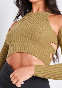 Elissa Khaki Ribbed Knit Crop Cut Out Top With Bolero^Missy Empire Sale