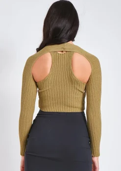 Elissa Khaki Ribbed Knit Crop Cut Out Top With Bolero^Missy Empire Sale