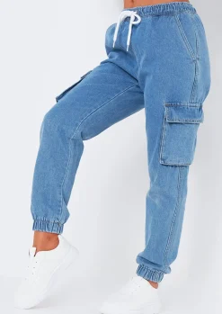 Eliza Mid Wash Denim Cargo Jeans^Missy Empire Best Sale