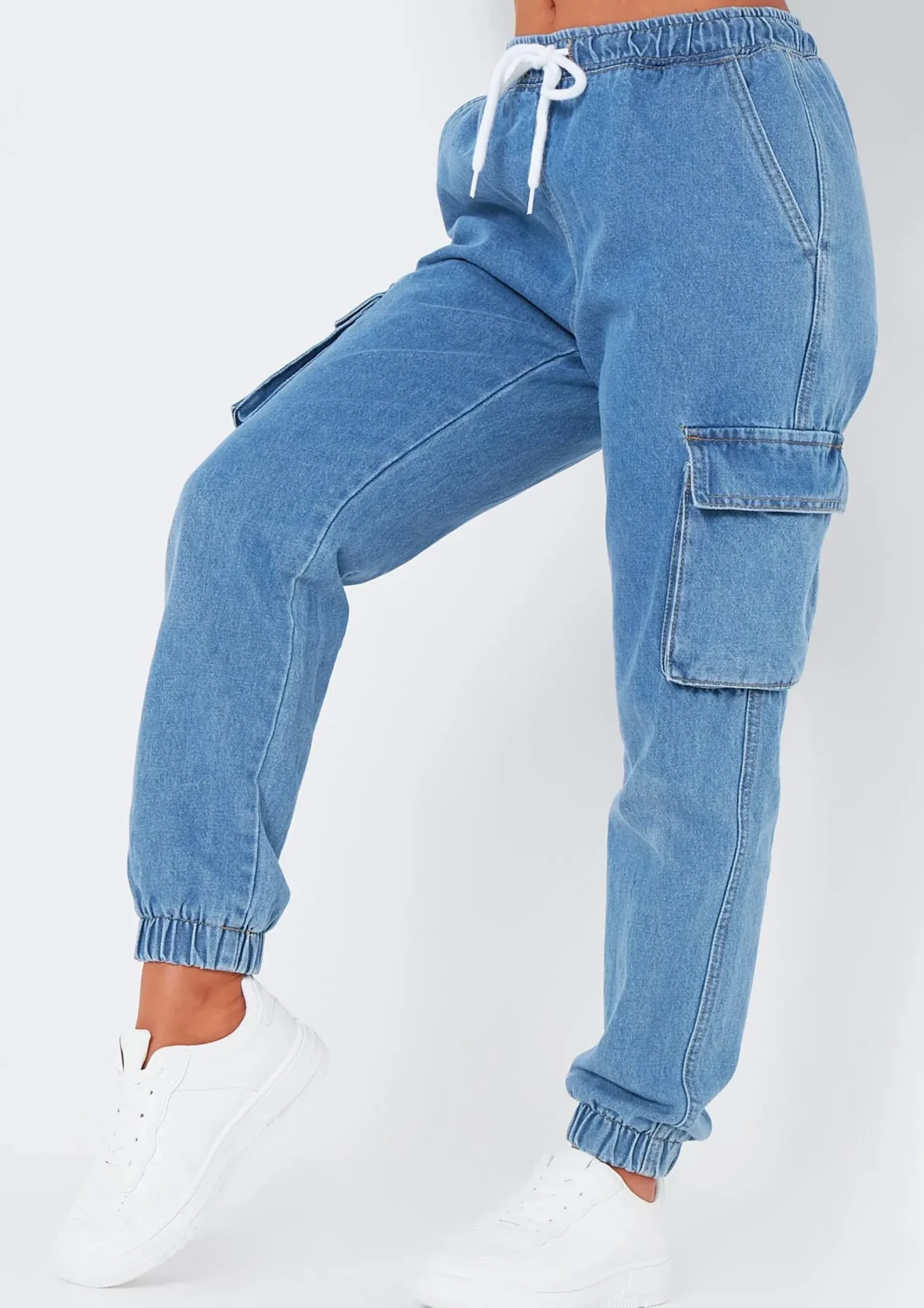 Eliza Mid Wash Denim Cargo Jeans^Missy Empire Best Sale