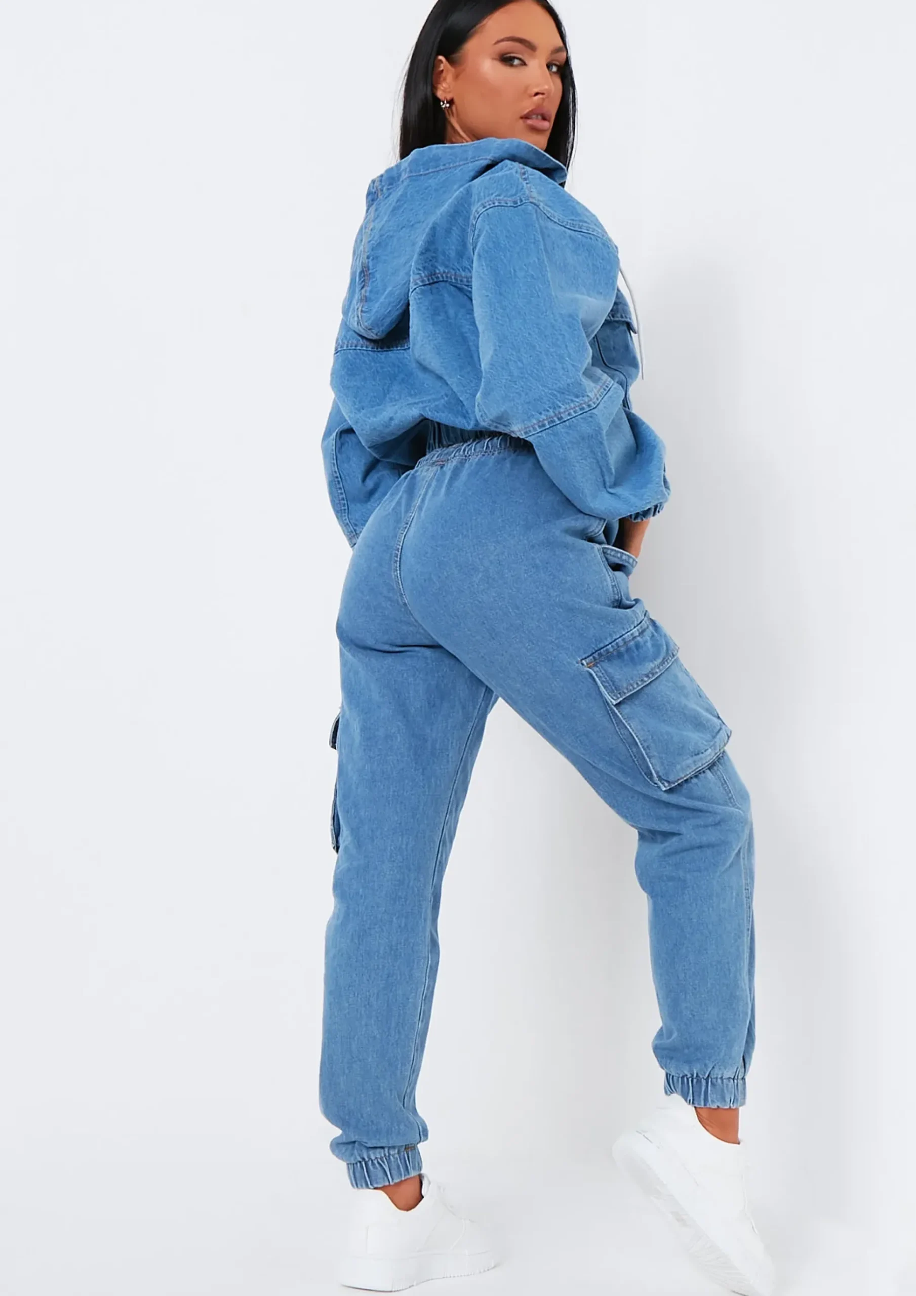 Eliza Mid Wash Denim Cargo Jeans^Missy Empire Best Sale