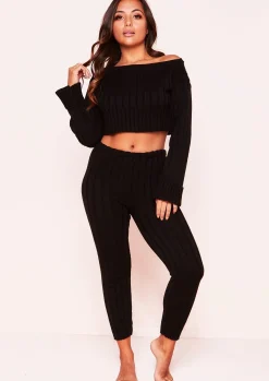 Cheap Ella Black Knit Cropped Loungewear Set Women Loungewear