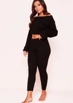 Cheap Ella Black Knit Cropped Loungewear Set Women Loungewear
