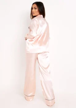 Hot Ella Pink Satin Wide Leg Pyjama Set Women Nightwear