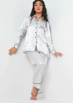 Shop Ella White Satin Wide Leg Pyjama Set Women Nightwear