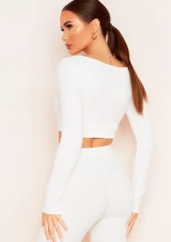 Ella Cream Brushed Rib Long Sleeve Square Neck Crop Top^Missy Empire Sale