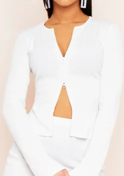 Elliana White Ribbed Double Zip Top^Missy Empire Discount