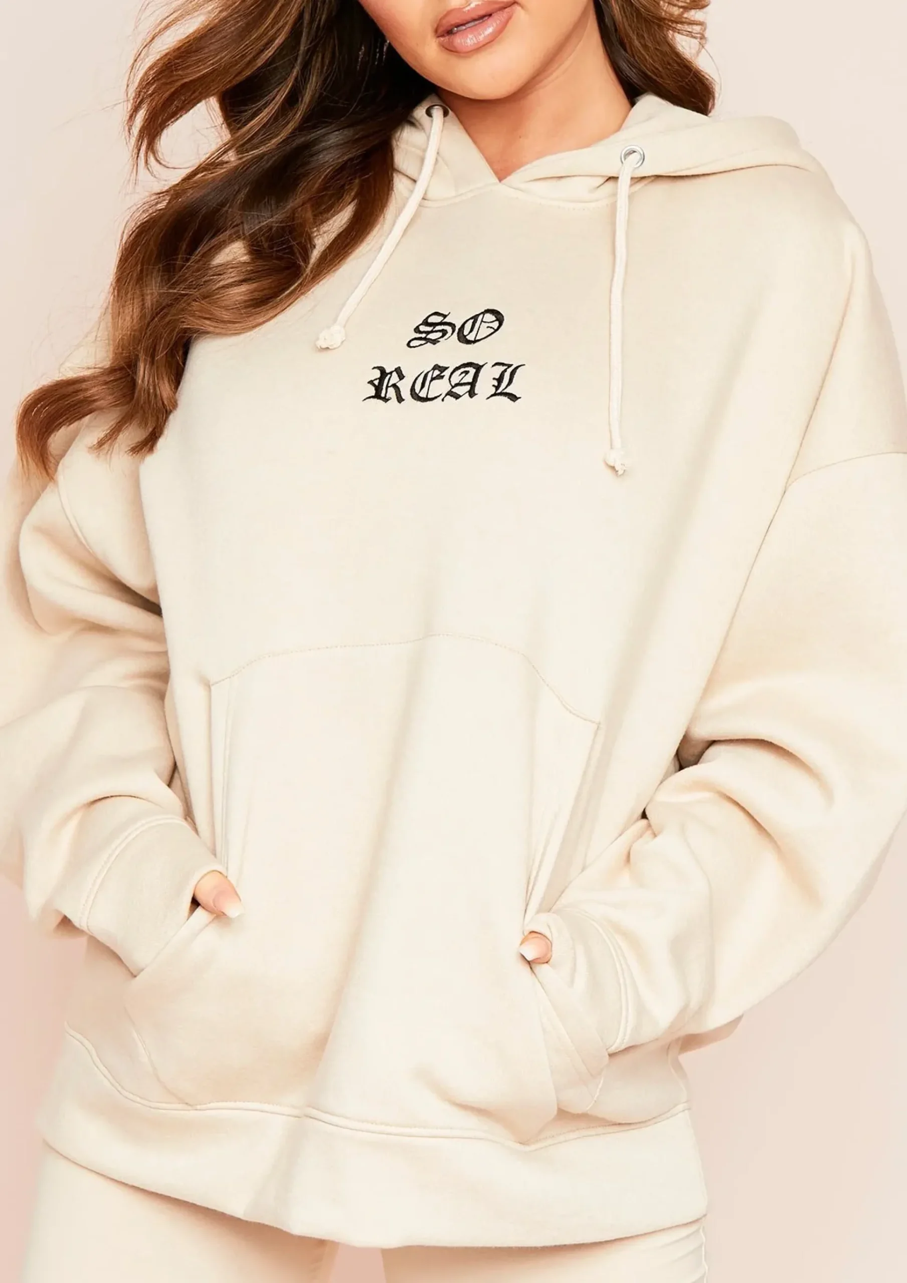 Ellie Cream Oversized So Real Slogan Drawstring Hoodie^Missy Empire Clearance