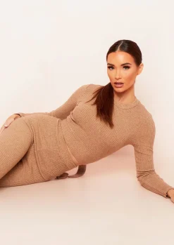 Emma Camel Brushed Rib Wrap Back Tie Waist Crop Top^Missy Empire Sale
