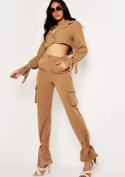 Emma Camel Tie Detail Cropped Blazer^Missy Empire Shop