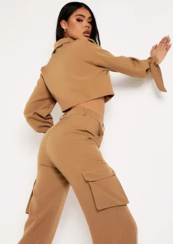 Emma Camel Tie Detail Cropped Blazer^Missy Empire Shop