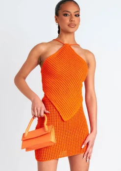 Emma Orange Tie Back Knitted Pointed Hem Crop Top^Missy Empire Sale