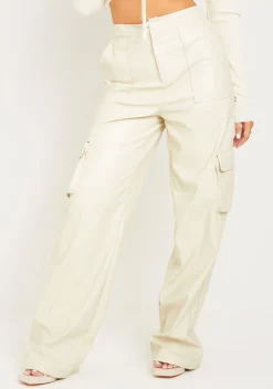 Cheap Enya Cream Pu Wide Leg Cargos Women Trousers
