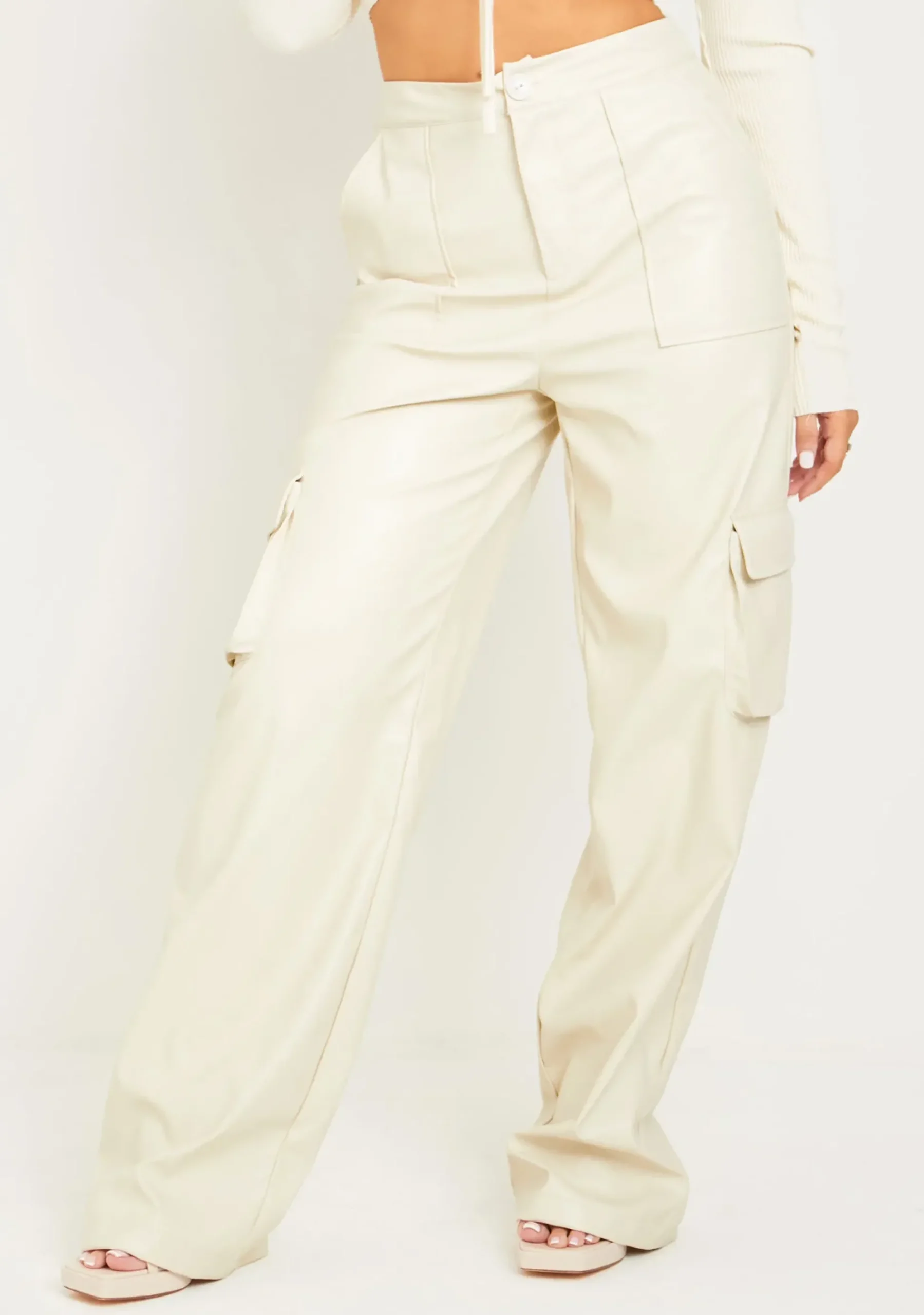 Cheap Enya Cream Pu Wide Leg Cargos Women Trousers